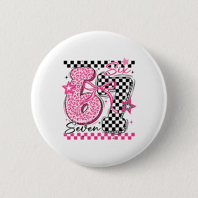 67 Leopard Checkered Funny Six Seven Meme 6-7 Teac Button (Vorderseite)