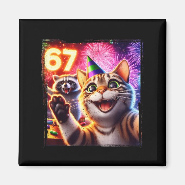 67 Meme Cat Raccoon New Year Selfie Funny Birthday Magnet (Vorne)