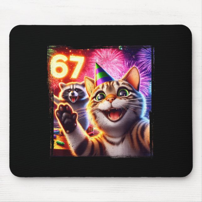 67 Meme Cat Raccoon New Year Selfie Funny Birthday Mousepad (Vorne)