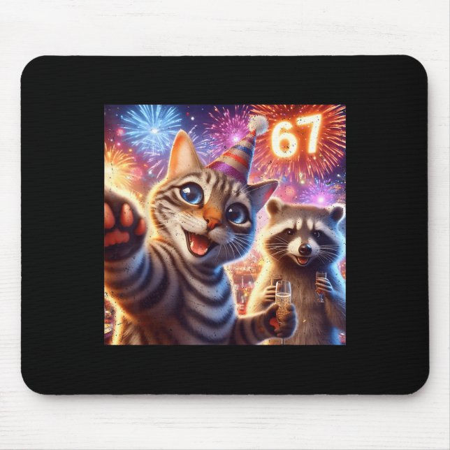 67 Meme Cat Raccoon New Year Selfie Funny Birthday Mousepad (Vorne)