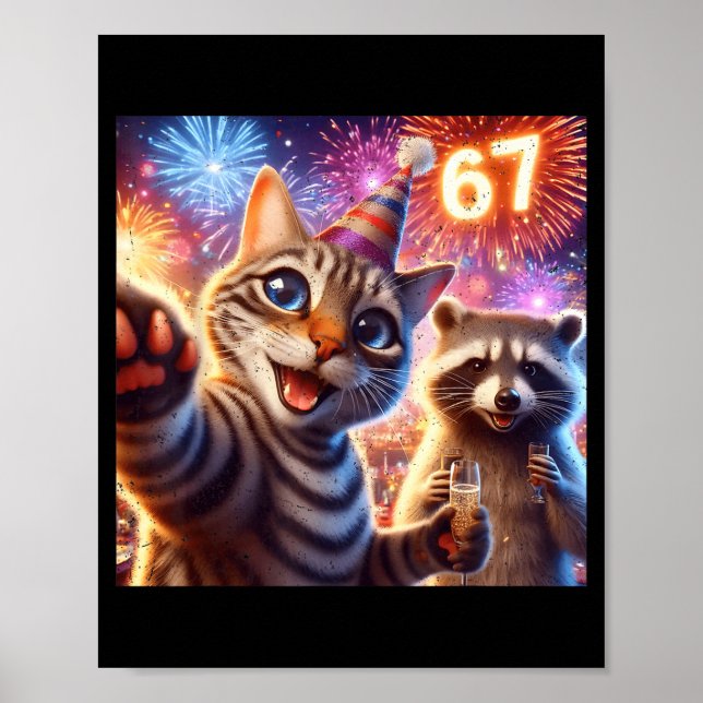 67 Meme Cat Raccoon New Year Selfie Funny Birthday Poster (Vorne)