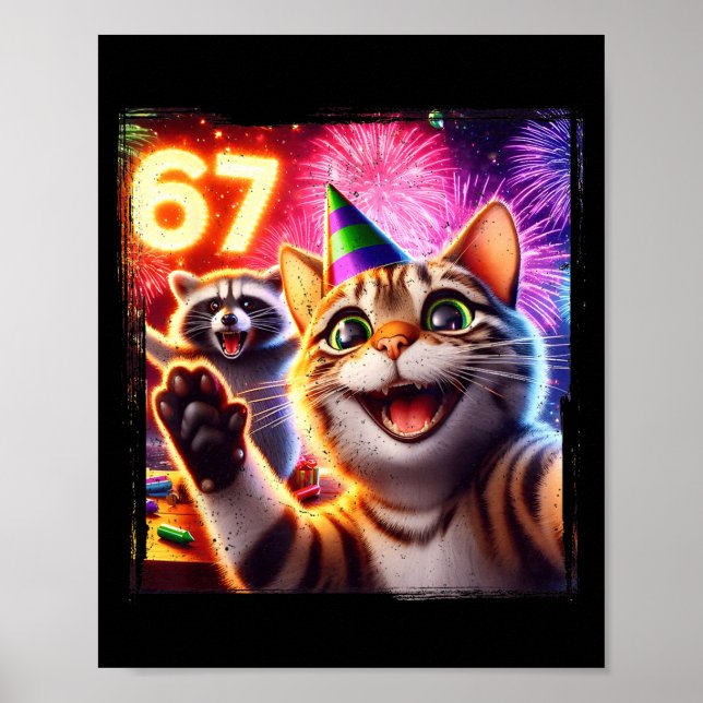 67 Meme Cat Raccoon New Year Selfie Funny Birthday Poster (Vorne)
