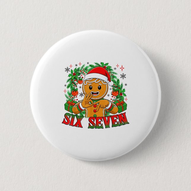 67 Six Seven Meme Funny Xmas Gingerbread Hand Sign Button (Vorderseite)