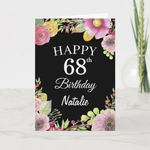 68. Geburtstag Aquarellfarben Blume Schwarze Karte