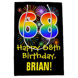 68. Geburtstag: Fun Fireworks Muster + Regenbogen Mittlere Geschenktüte