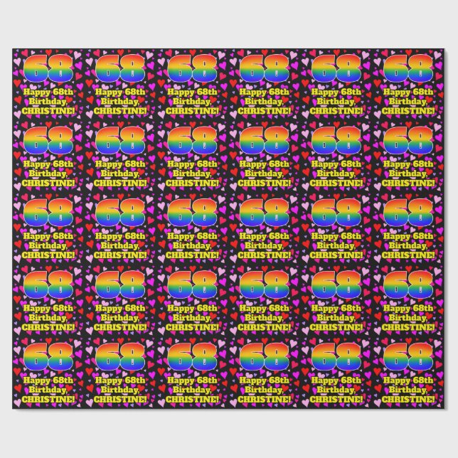 68. Geburtstag: Loving Hearts Pattern, Regenbogen  Geschenkpapier (Flach)