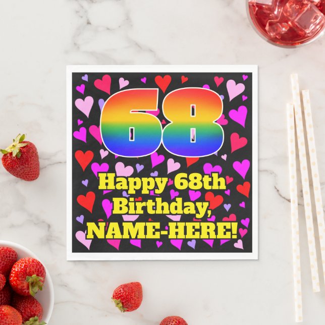 68. Geburtstag: Loving Hearts Pattern, Regenbogen  Serviette (Beispiel)