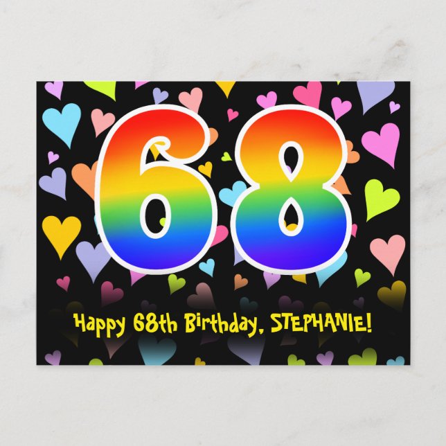 68. Geburtstag: Lustiges Herzen-Muster, Regenbogen Postkarte (Vorderseite)