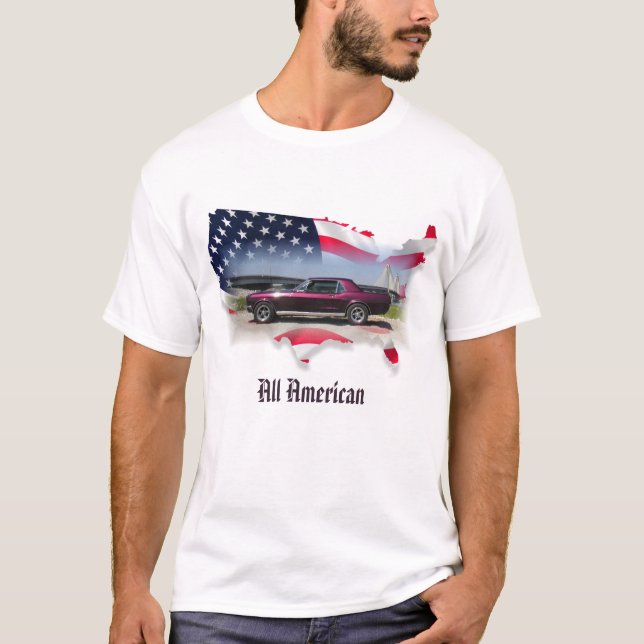 68 Mustang-Coupé über Flagge-Karte T-Shirt (Vorderseite)