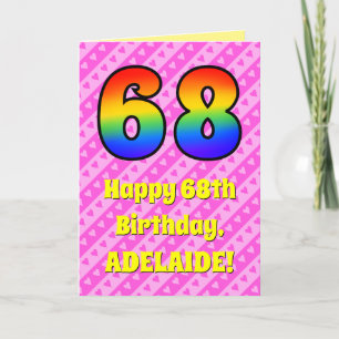 68th Birthday: Pink Stripes & Hearts, Rainbow # 68 Karte