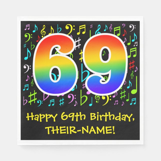 69. Geburtstag - Farbige Musiksymbole, Regenbogen  Serviette (Vorderseite)