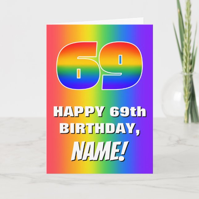 69. Geburtstag: Farbiges, lustiges Regenbogenmuste Karte (Vorderseite)