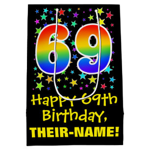 69. Geburtstag: Farbiges Sternmuster und Regenboge Mittlere Geschenktüte