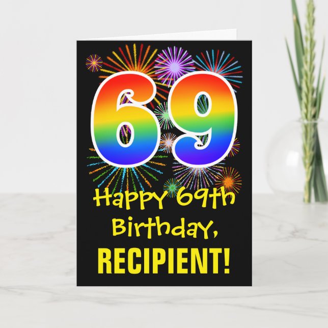 69. Geburtstag: Fun Fireworks Pattern + Rainbow 69 Karte (Vorderseite)