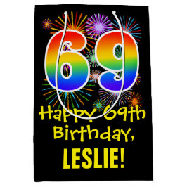 69. Geburtstag: Fun Fireworks Pattern + Rainbow 69 Mittlere Geschenktüte