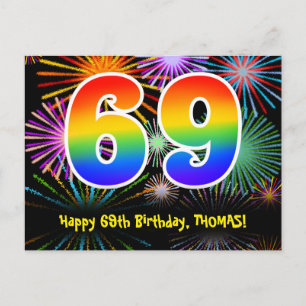 69. Geburtstag - Fun Fireworks Pattern + Regenboge Postkarte