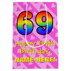 69. Geburtstag: Lustige rosa Herzen Streifen; Rege Mittlere Geschenktüte