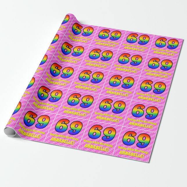 69. Geburtstag: Rosa Streifen & Herz, Regenbogen # Geschenkpapier (Ungerollt)