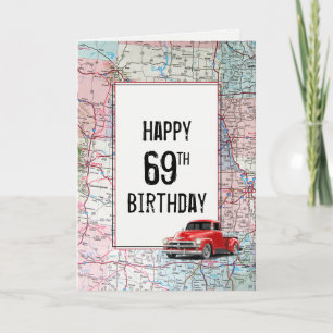 69. Geburtstag roter Retro-LKW auf Karte