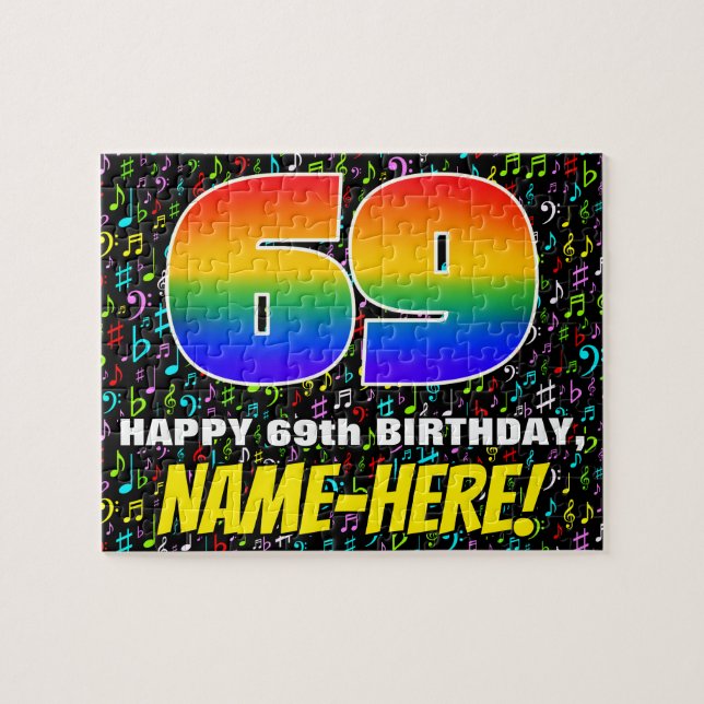 69. Geburtstag — Spaß, farbenfrohe Musiksymbole &  Puzzle (Horizontal)