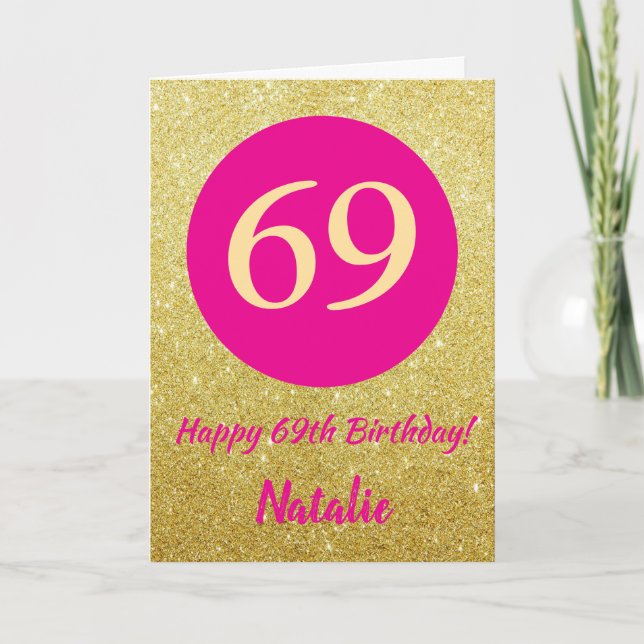 69. Happy Birthday Hot Pink und Gold Glitzer Karte (Vorderseite)