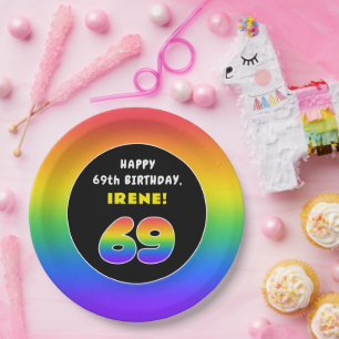 69th Birthday: Colorful Rainbow # 69, Custom Name Pappteller