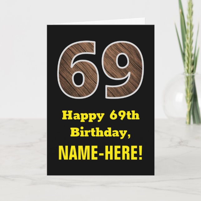 69th Birthday: Name, Falke Wood Grain Pattern "69" Karte (Vorderseite)