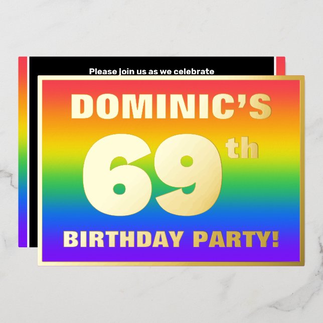69th Birthday Party: Fun, Colorful Rainbow Pattern Folieneinladung (Vorderseite/Rückseite)