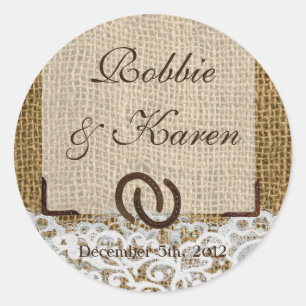 6 - 3" Favor Aufkleber Hufeisen auf Jute Spitze