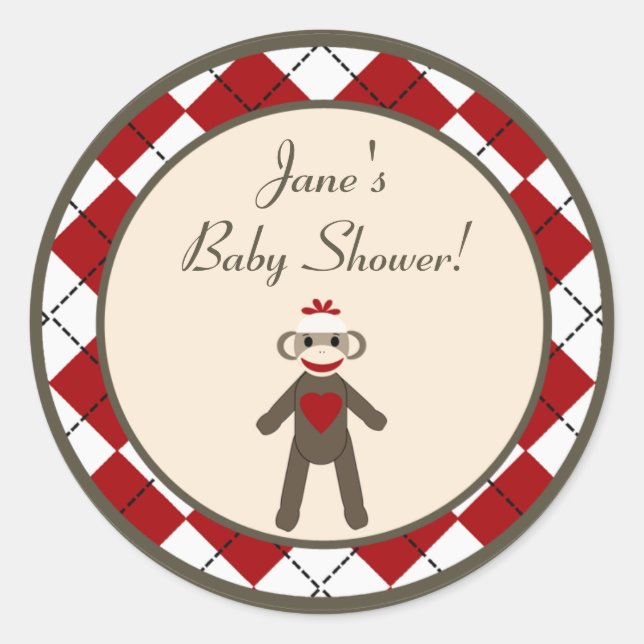 6 - 3" Favor Aufkleber Roter Sock Monkey Argyle (Vorderseite)