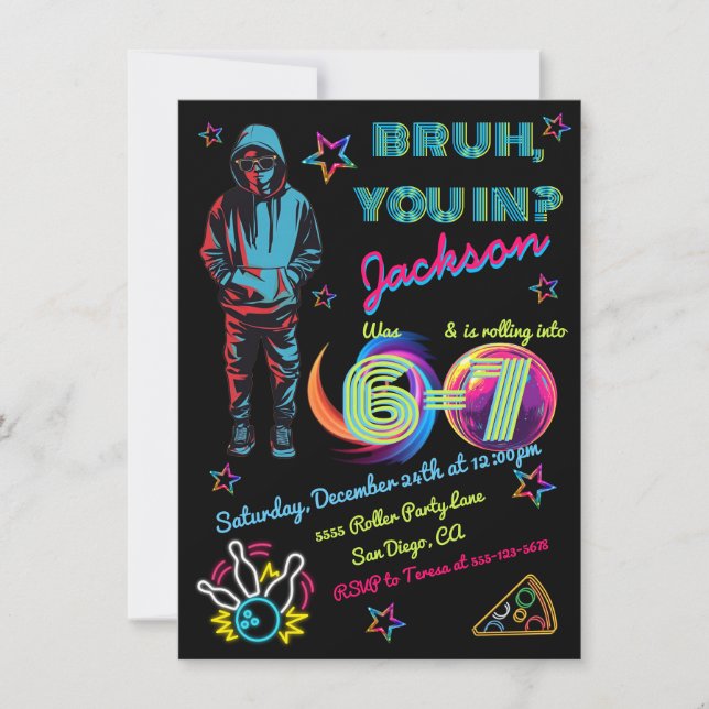 6-7 Bowling Bruh Neon Bowling Geburtstag Einladung (Vorderseite)