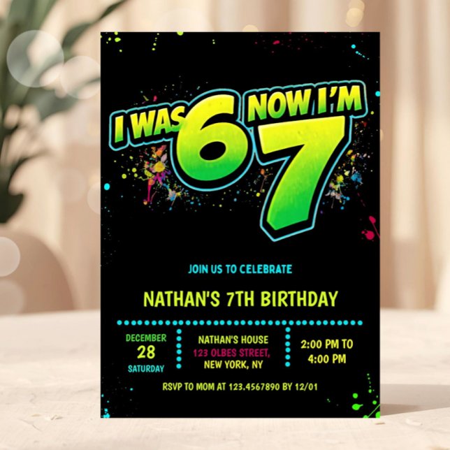 6 7 Boy Neon Six Seven Birthday Graffiti Einladung (7th birthday invitation, neon birthday invite, graffiti birthday invitation, glow party invite, I wa)