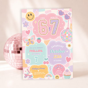 6 7 Mädchen Geburtstag: Groovy Pastell Schachbrett Einladung