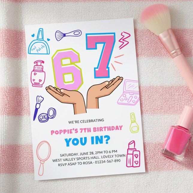 6 7 Meme Makeup Doodle Art Girl Birthday Einladung (Girls spa or beauty pamper party with 6 7 numbers in hands meme)