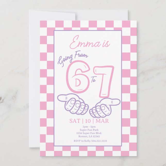 6 7 Meme Pink Checkerboard Mädchen Geburtstag Einladung (Vorderseite)