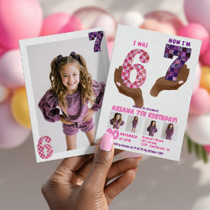 6 7 Meme Retro Rosa Lila Karo Kindergeburtstag Einladung