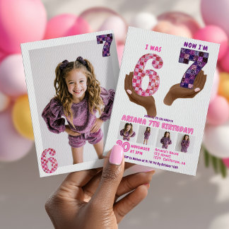 6 7 Meme Retro Rosa Lila Karo Kindergeburtstag Einladung