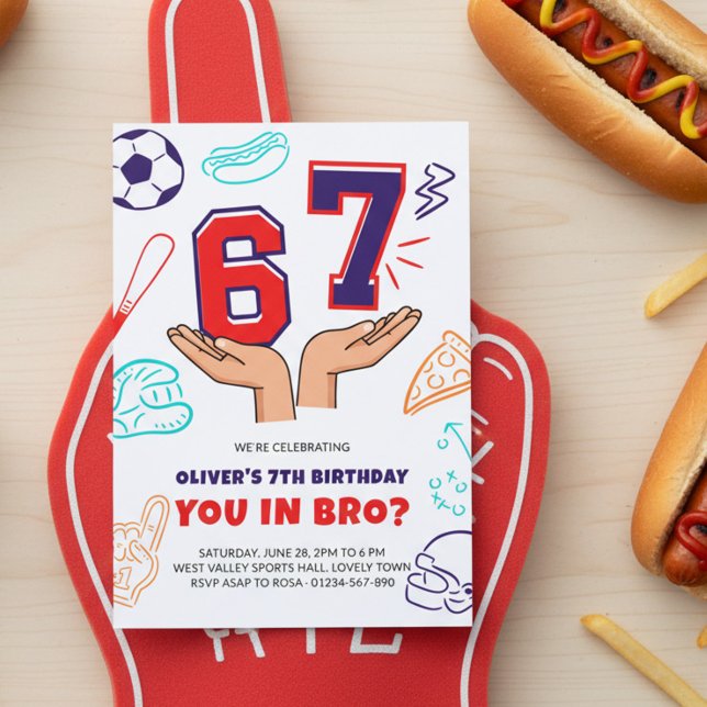 6 7 Meme Sport Red Blue Boy Birthday Invitation Einladung (Red white and blue sport birthday invite with 6 7 numbers in hands meme.)