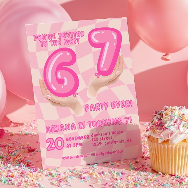 6 7 Meme Trend Six Seven Birthday party Retro Pink Einladung (6 7 Meme Trend Six Seven Birthday party Retro Pink Invitation)