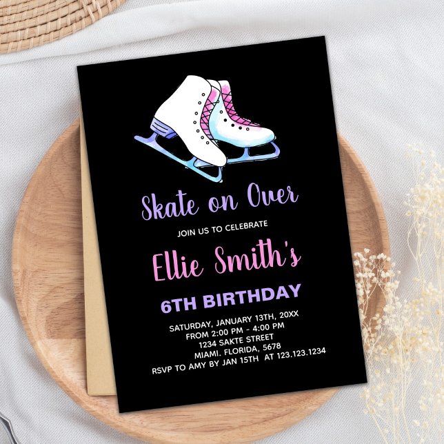 6. Black Lila Ice Skaten Geburtstag Einladungen (6th Black Purple Ice Skating Birthday Invitations)