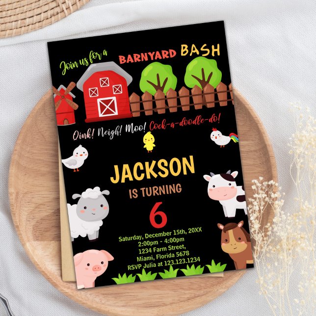 6. Black Red Farm Animals Geburtstag Einladungen (6th Black Red Farm Animals Birthday Invitations)