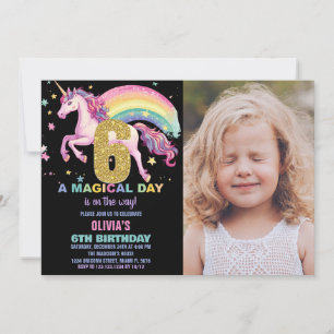 6. Einhorn Geburtstag Einladungen Schwarz mit Foto