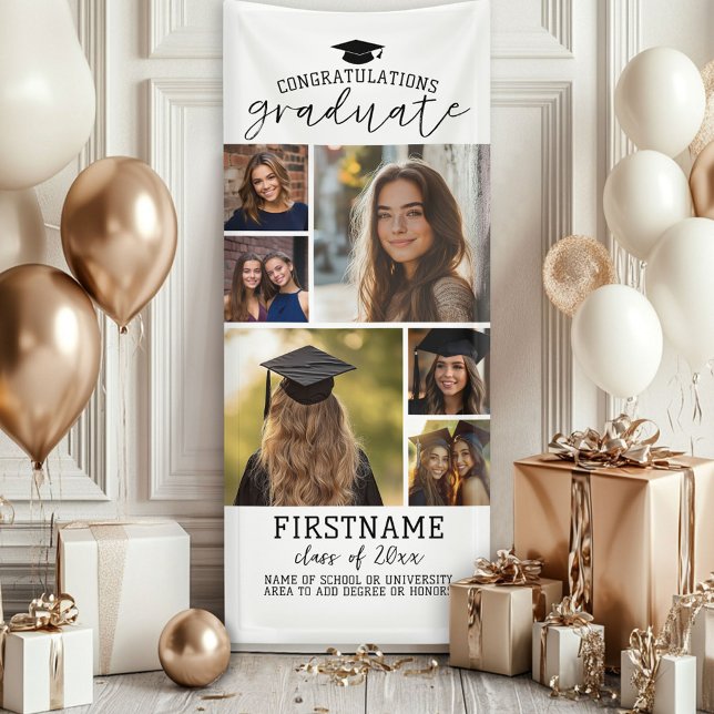 6 Foto Collage Abschluss Moderner Minimaler Weißer Banner (Custom Graduation Photo Banner - Great backdrop and Graduation Party Decoration)