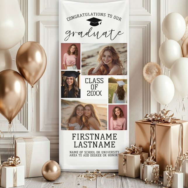 6 Foto Collage Abschluss Moderner Minimaler Weißer Banner (Custom Graduation Photo Banner - Great backdrop and Graduation Party Decoration)