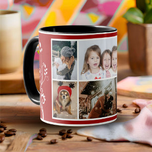 6 Foto-Collage Blätter Rot Weihnachten Familie Tasse