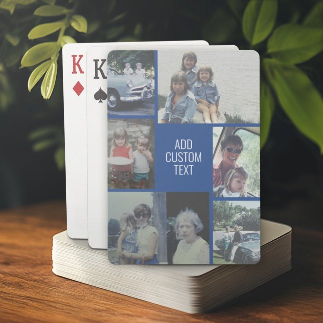 6 Foto-Collage - blauer Hintergrund - weißer Text Spielkarten (Custom Poker Playing Cards)