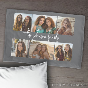 6 Foto Collage Grid - White Custom Text - Grau Kissenbezug
