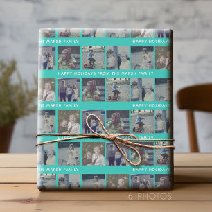 6-Foto-Collage mit Happy Holiday Text Aqua Türkis Geschenkpapier