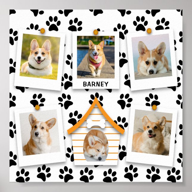 6 Foto Collage Name Dog House Paw Prints Poster (Vorne)