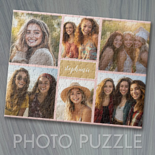 6 Foto-Collage Name Minimalist - Farbe editierbar Puzzle